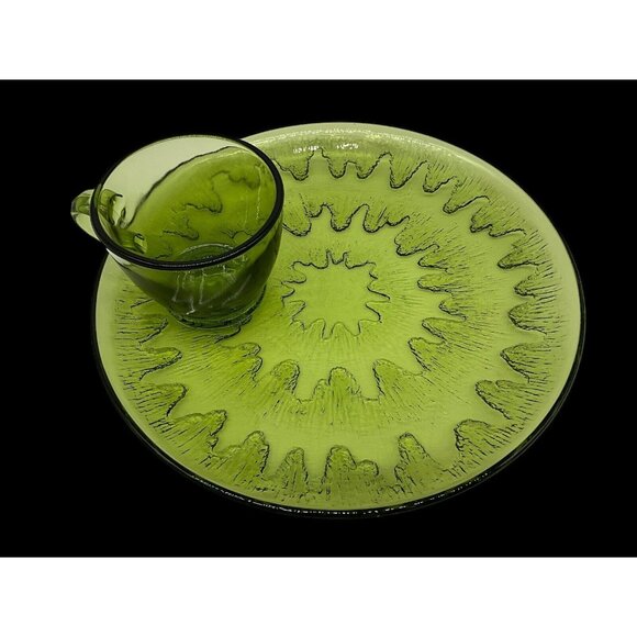 Vintage Sunburst Green by Indiana Glass Snack Plate & Cup Set Textured USA MCM - Picture 5 of 16